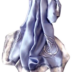 Light Blue Floral Border Silky Satin Scarf Shawl Wrap – Oversized Lightweight